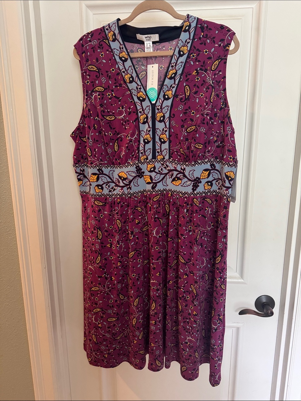 Wit & Wisdom Plum Paisley Sleeveless Midi Dress with Contrasting Trim